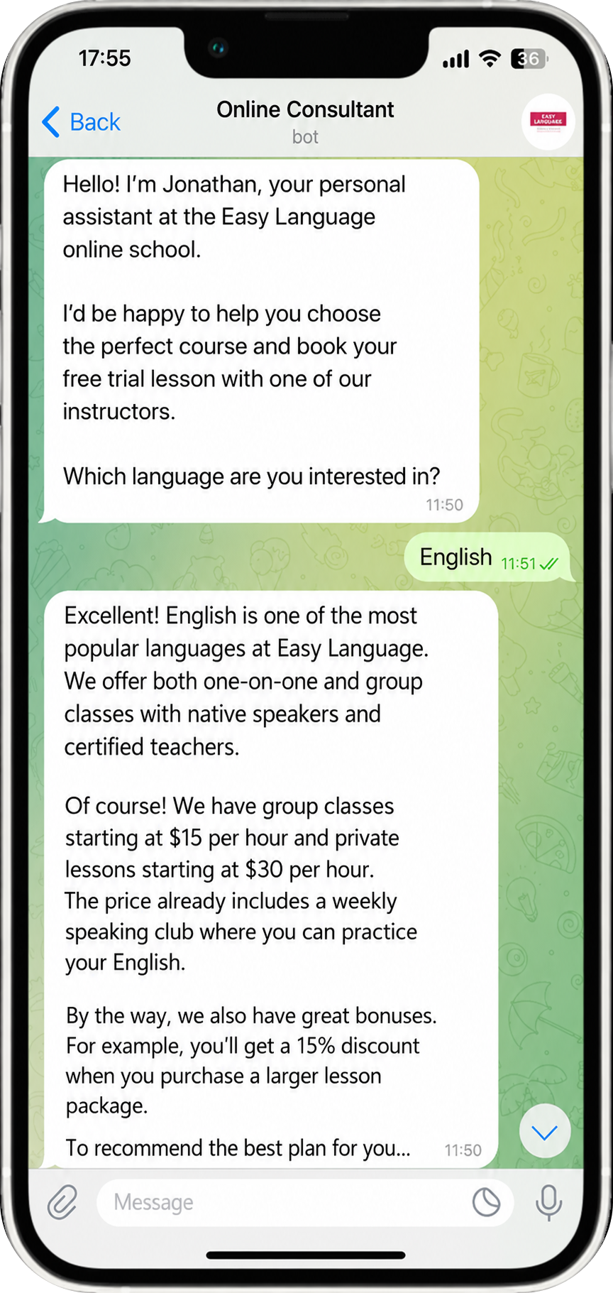 AI Telegram bot for an online school - dialog