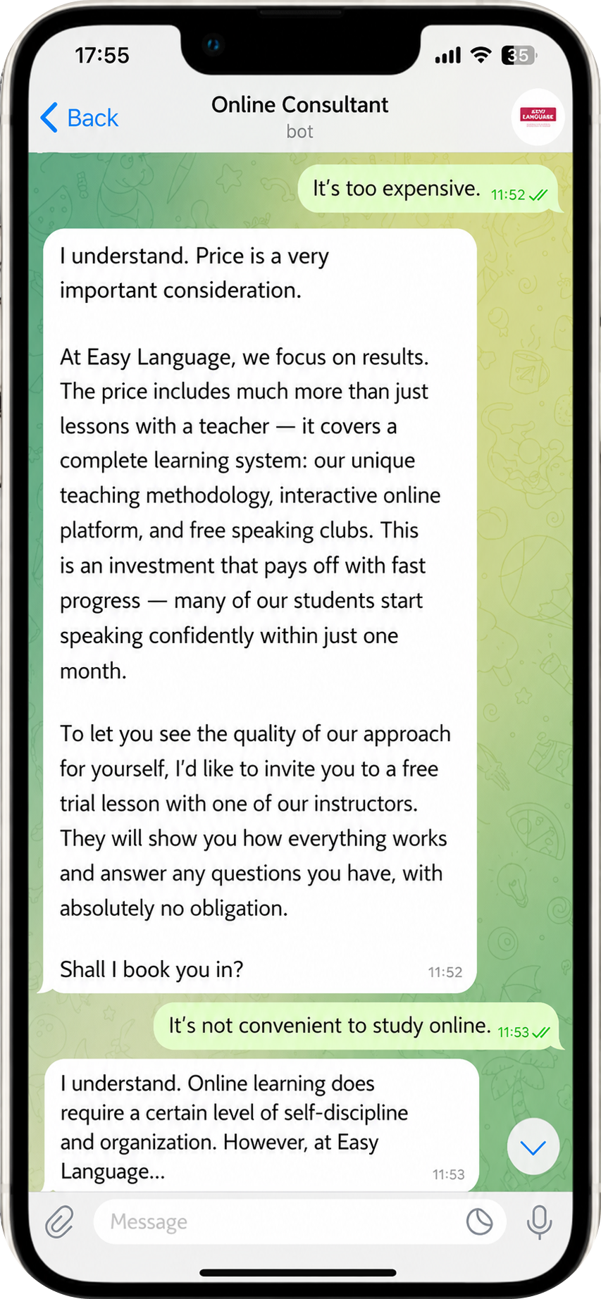 AI Telegram bot for an online school - handling objections
