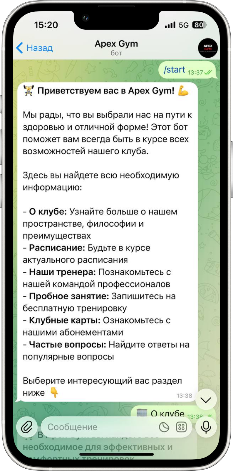 Telegram бот для фитнес клуба — интерфейс