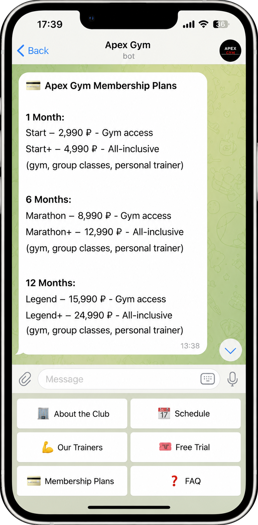Telegram bot for a gym - visual and schedule
