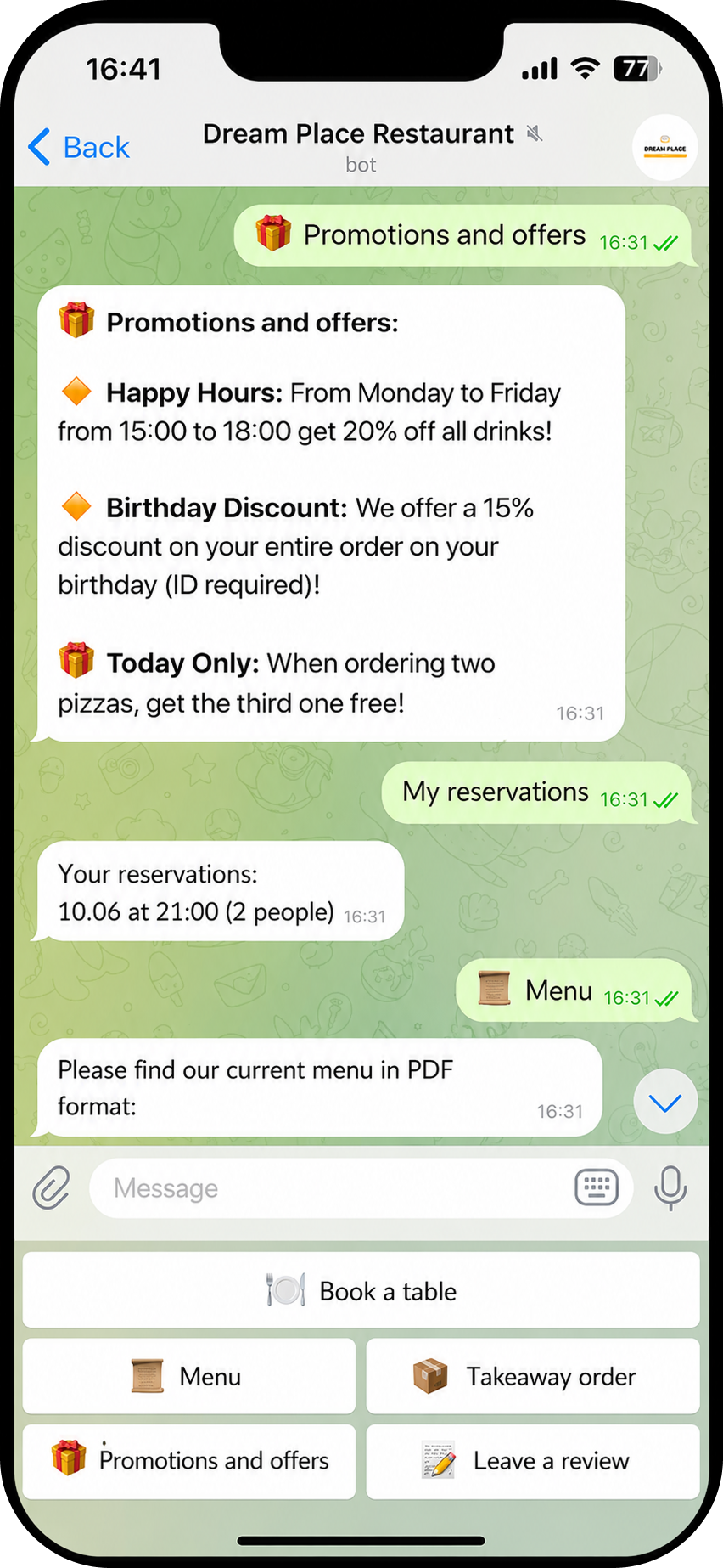 Telegram bot - menu and promotions